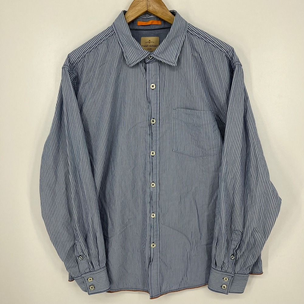 Tommy Bahama Jeans Mens XL Blue White Striped Cotton Western Yoke Button Shirt